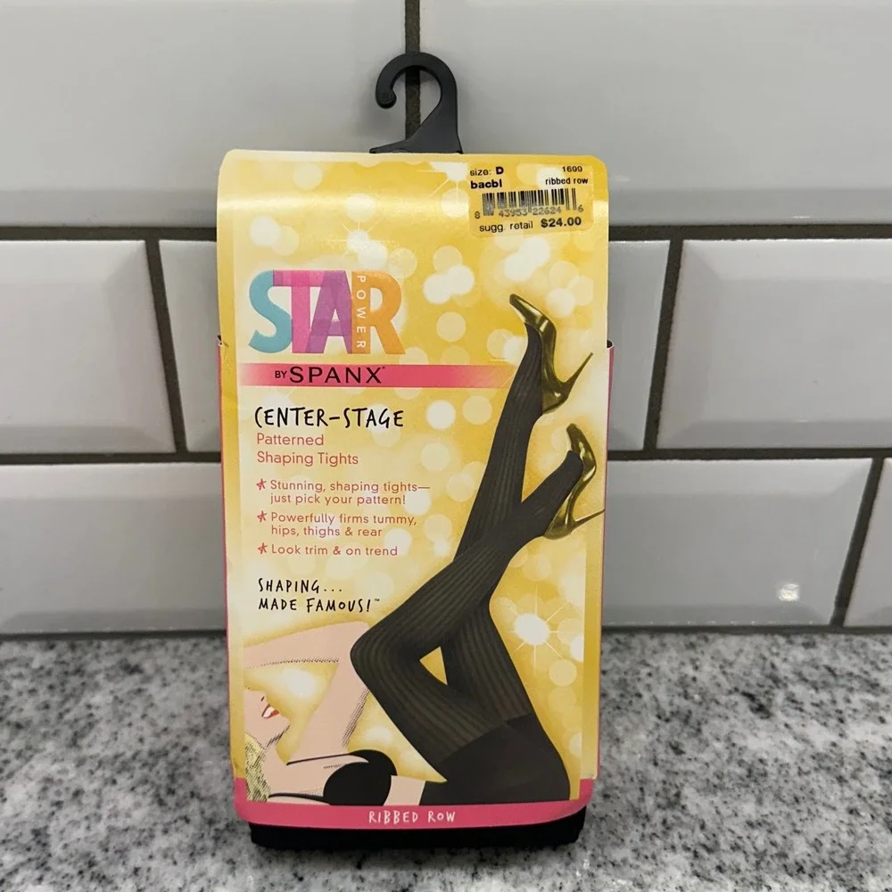 Star Power by Spanx Women Size D Shaping Tights Black Ribbed Row Center-Stage